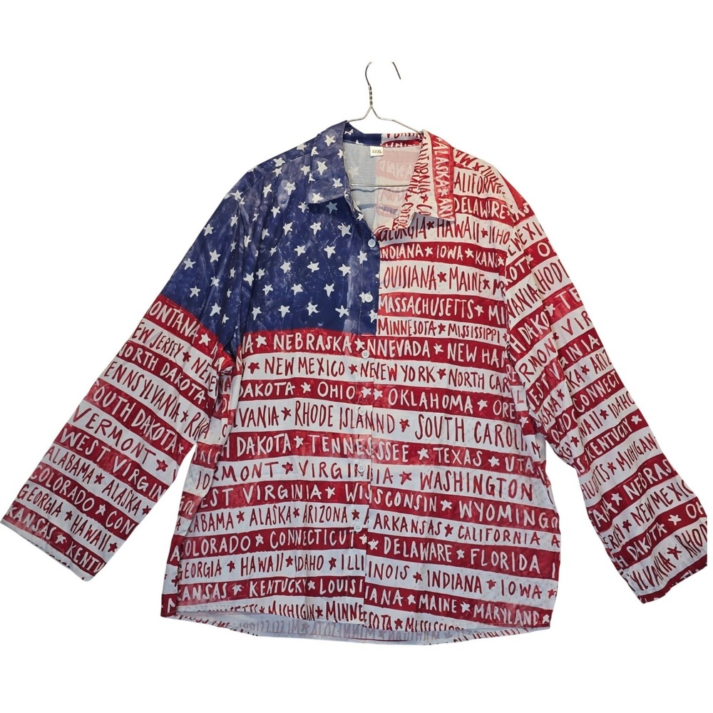 Patriotic XXL USA Flag Button Up Shirt Americana Stars Stripes Red White Blue US